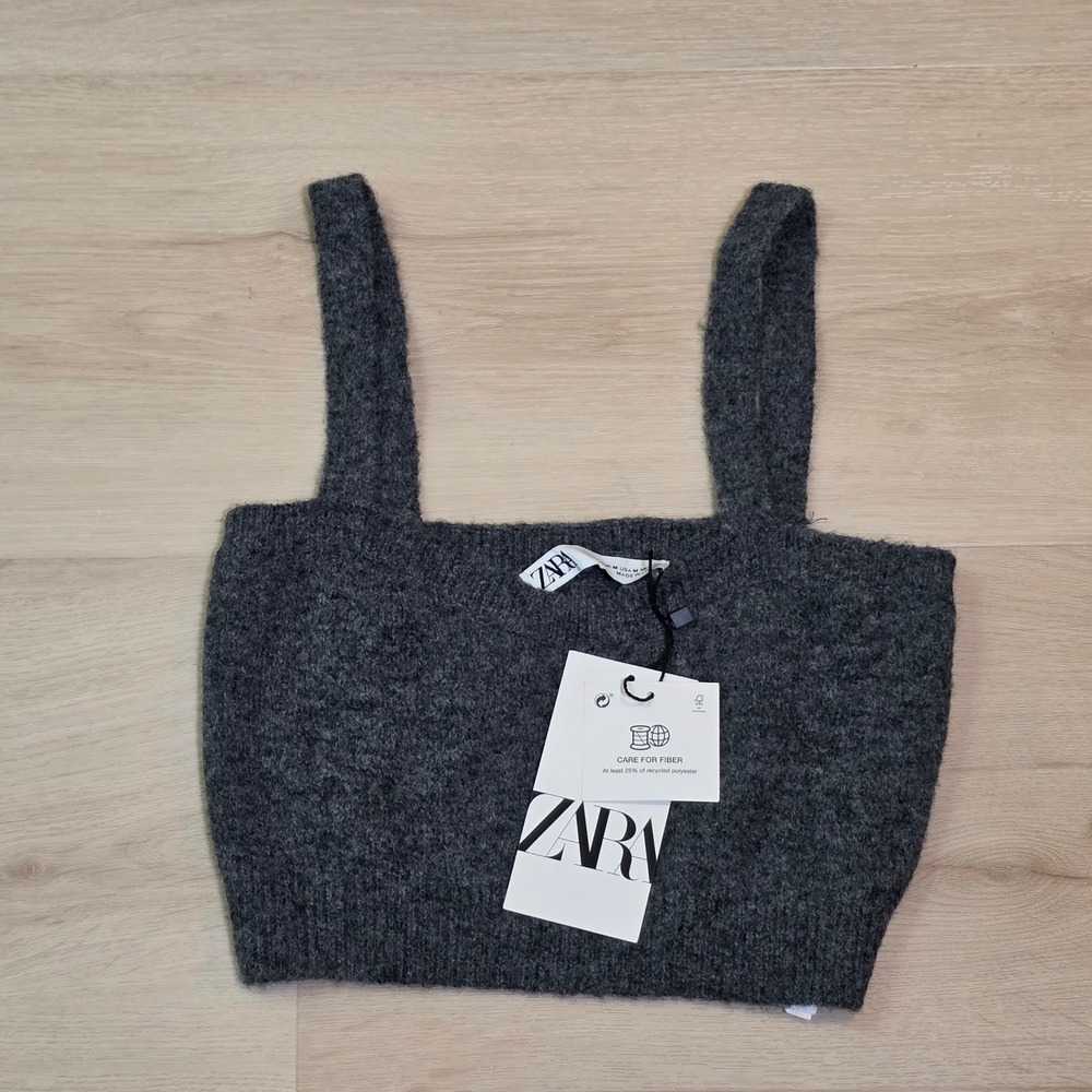 Zara Cropped Sweater Top Gray NWT Size Medium Polyester Acrylic Wool Camel Blend